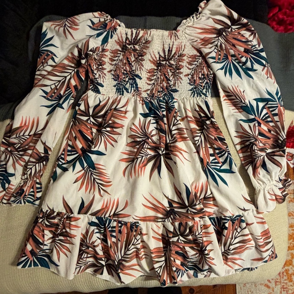 SHEIN White Tunic Dress with Teal & Rust Leaf Print